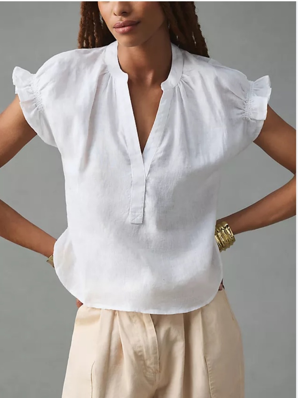 Anthropologie x PILCRO Tatum Flutter Sleeve Blouse in White Linen. EUC. LARGE